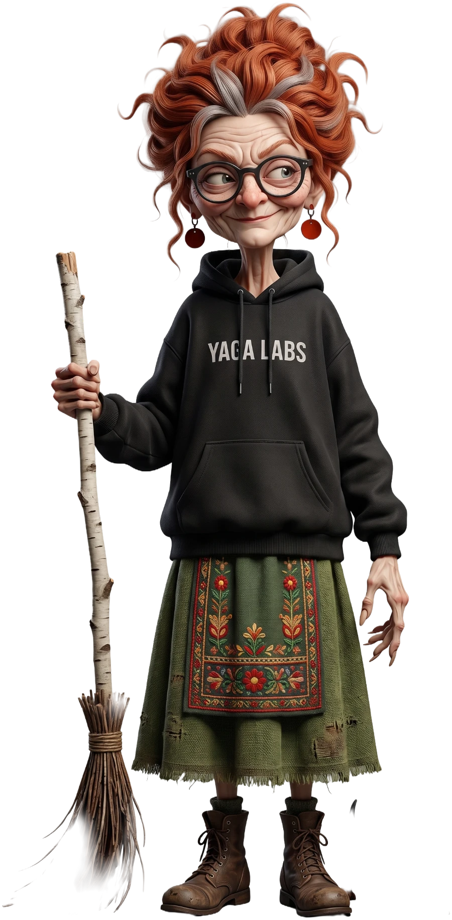Pani Yaga: an old witch with red curly hair, round black glasses, a YAGA LABS hoodie, an embroidered folk skirt and a birch broom